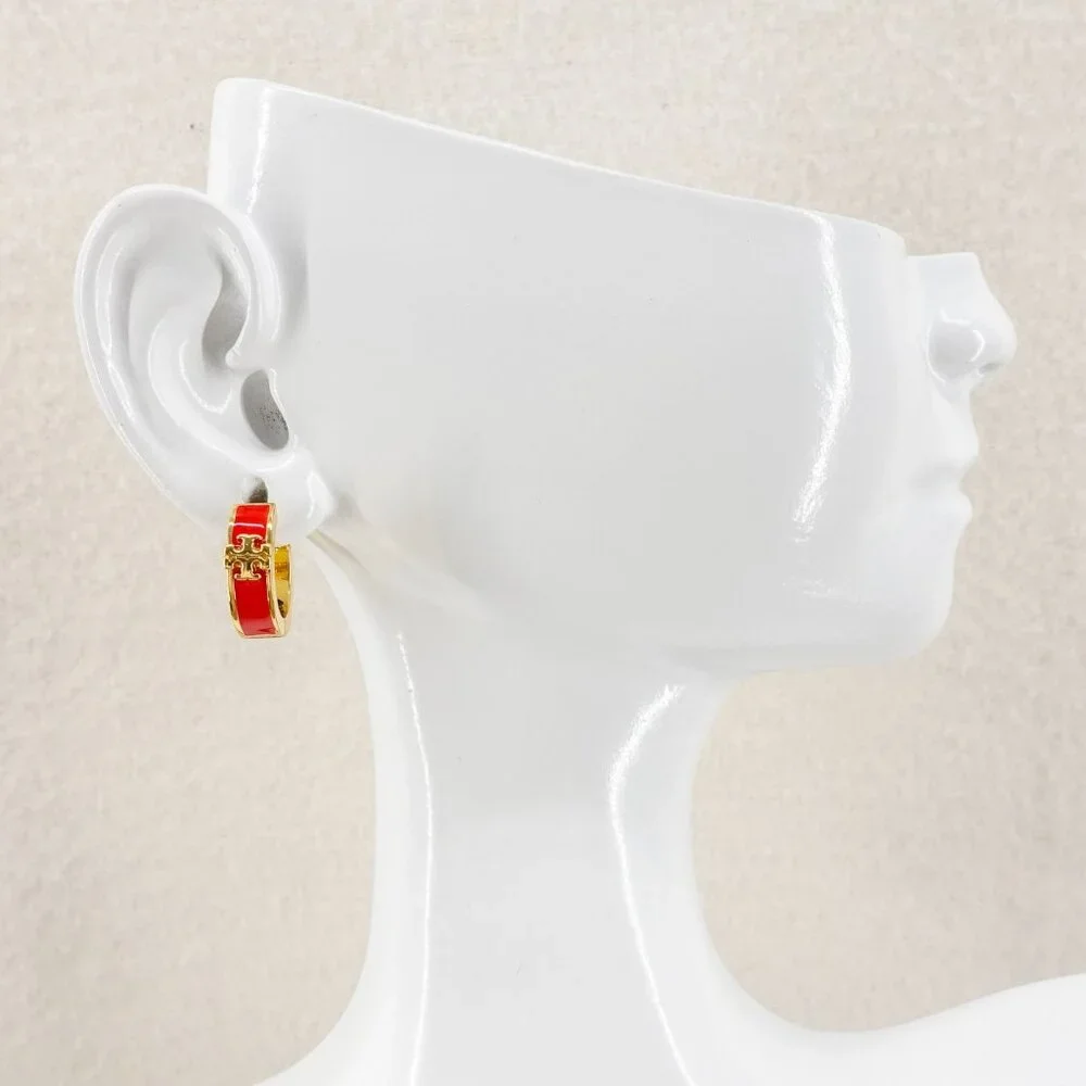 Tory Burch Kira Enamel Huggie Hoop Earrings Red OS